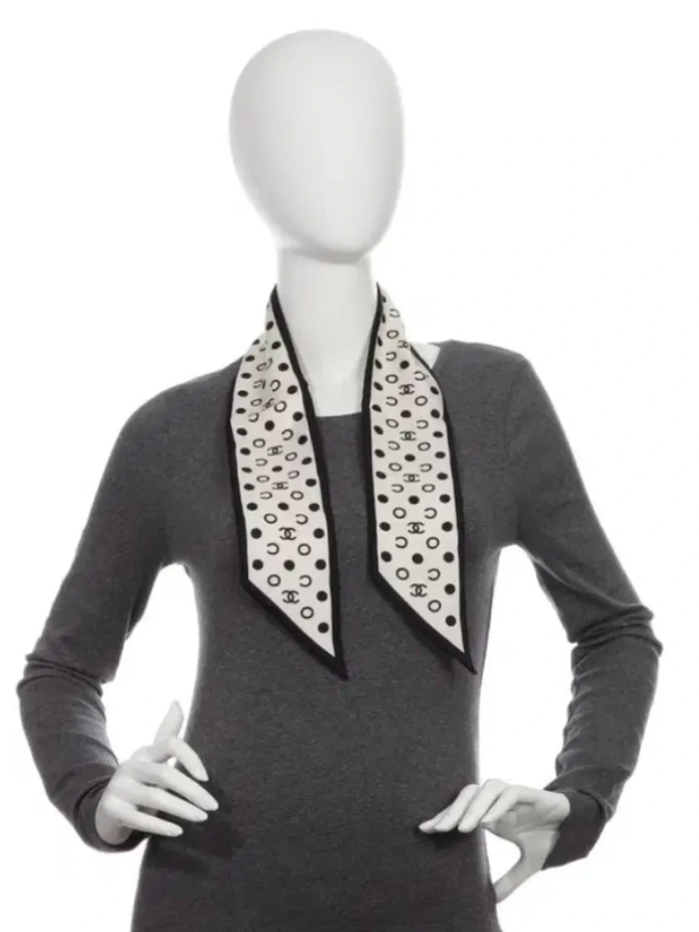 ChaneI. White and Black Polka Dot Logo Twilly Scarf/ Muffler